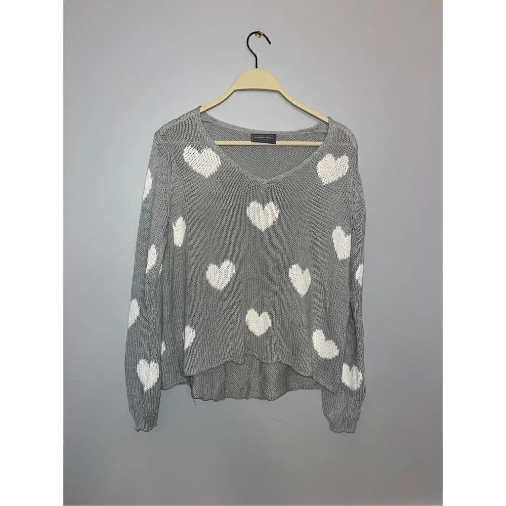 Wooden Ships Besotted Hearts V-Neck Sweater Gray & White Size XS/S